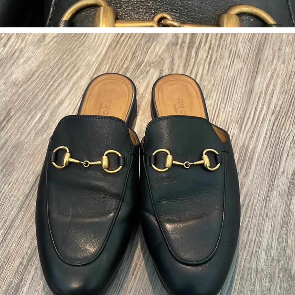 Gucci Black Leather Mules with Gold Bit Detail
